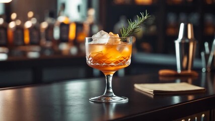 Close-up of a beautifully crafted cocktail served in an elegant glass with ice and a sprig of rosemary placed on a polished wooden bar top surrounded by warm ambient light and blurred bottles in the