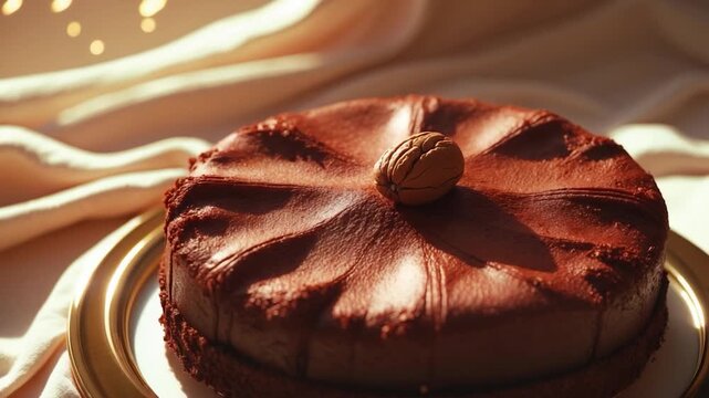 Close-up views of a rich chocolate cake adorned with an almond on top gently lit by soft natural light showcasing its smooth texture and intricate design on a golden plate against a warm fabric