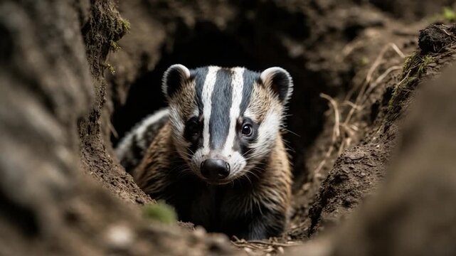 Close-up of a curious badger emerging from its burrow featuring distinctive black and white striped face in a earthy tunnel environment with soft lighting highlighting textured fur and surroundings