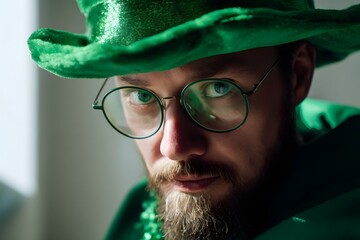 Serious man with a beard wearing a green hat for st. patrick's day