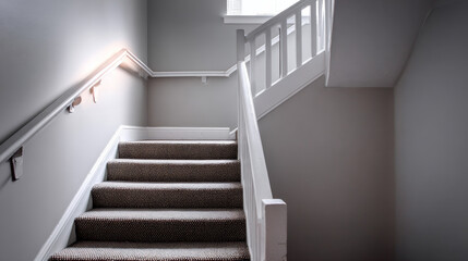 Fototapeta premium Square carpeted stairs with a white wall-mounted handrail.