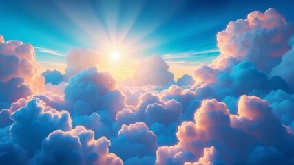 Vibrant sunrise over fluffy pastel clouds with soft light illuminating the sky showcasing a tranquil and serene setting that transitions smoothly from bright to warm hues across expansive cloud