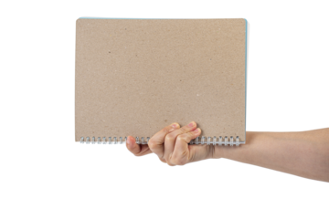 Blank book cover in hand on transparent background.