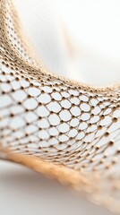 Obraz premium Intricate golden nano structure with small spheres forming a mesh pattern on a soft white background with gentle lighting.