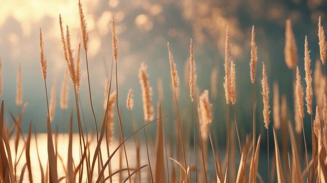 Golden grass swaying gently in soft natural light over shimmering water captured in close-up detail showcasing the delicate textures and warm colors of a peaceful outdoor setting during the early