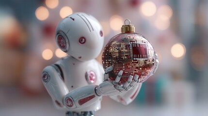 christmas robot. A robot holding a decorative Christmas ornament in a festive setting.