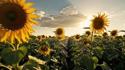 Sunflower field stock video footage of beautiful sunflowers in bloom agriculture landscape nature scene - Powered by Adobe