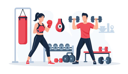 Man and woman with gym equipment in gym on white background vector