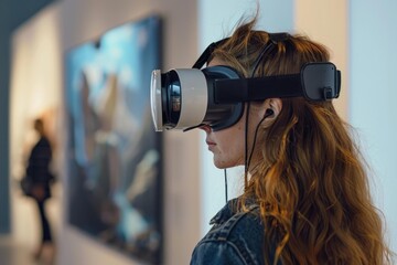 Museum visitor using virtual reality glasses enjoying immersive experience of a painting