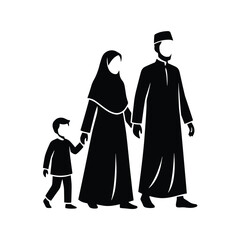 Muslim Family with Two Children – Islamic Parents Walking Silhouette Vector