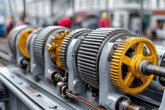 Industrial gears mechanism working with shining gold cogwheels