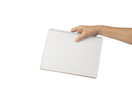 Blank book cover in hand on transparent background.