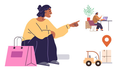 Woman gestures toward logistics process with shopping bag, worker at desk, forklift moving cargo, and location icon. Ideal for e-commerce, delivery, logistics, retail, technology shopping teamwork