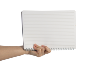 Blank book cover in hand on transparent background.