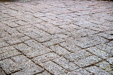 "Close-up, high-resolution photograph of a textured brick paver pathway, showcasing the intricate pattern and rough surface details of the interlocking stones. 