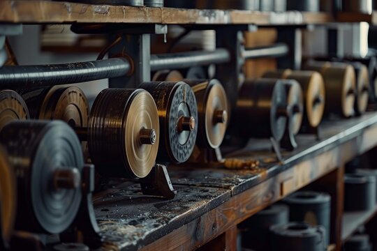 Close up of vintage industrial machinery with spinning wheels and a wooden table, showcasing the intricate details of the equipment
