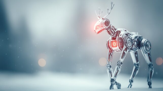 christmas robot. A robotic deer in a snowy, ethereal environment.