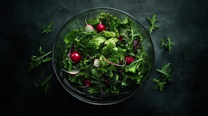 Fresh green salad with cherry tomatoes, radishes, and arugula in a glass bowl on dark background