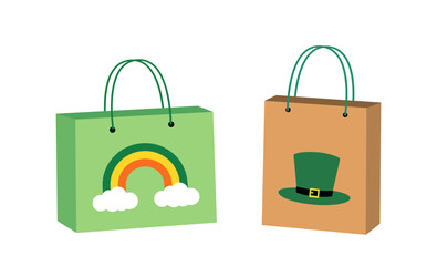Set of St. Patrick’s Day Gift Bag flat vector Illustration. 
Irish Holiday Shopping Bags with Rainbow and leprechaun hat.
White background.