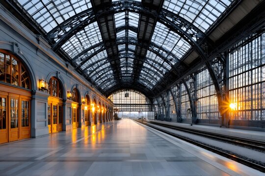 Empty train station platform with morning sun - Powered by Adobe