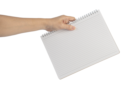 Blank book cover in hand on transparent background.