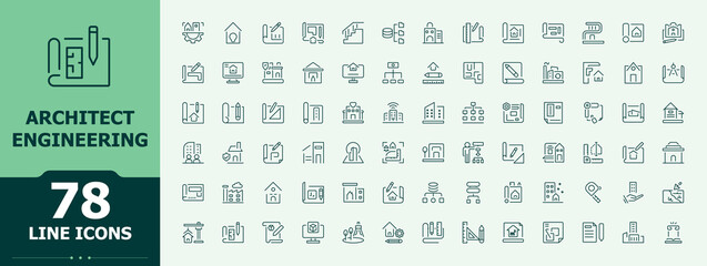 Set of Architecture line icon. It contains symbols to blueprint, plan, home, design, drawing and more. Icons for UI designs. Architectural related icon set. Pictogram and infographic.
