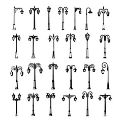 Collection of antique and modern street lamp post designs hand drawn set SILHOUETTE