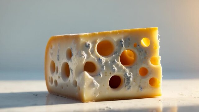 Close-up of a semi-aged cheese block with visible holes and blue mold displayed on a light marble countertop illuminated by soft natural lighting showcasing its texture and creamy yellow color