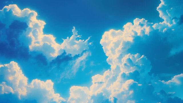 Dynamic sky filled with puffy white clouds against a deep blue backdrop showcasing gradual transitions in lighting and texture from bright to softly diffused illumination