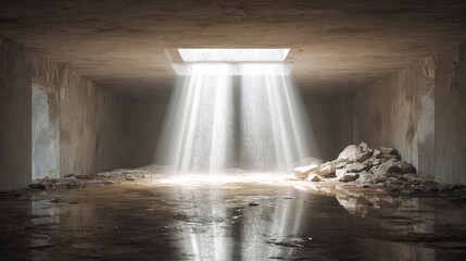 Sunlight streams into a dark, abandoned room.