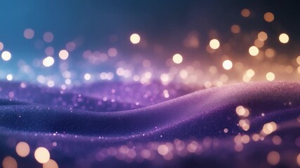 Glistening abstract waves of purple and blue fabric illuminated by warm golden bokeh lights featuring soft textures and flowing movements in a mesmerizing fantasy environment - Powered by Adobe