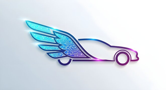 A dynamic logo combining the silhouette of a speeding car with high-tech, circuit-patterned wings in vibrant blue and purple neon gradient. - Powered by Adobe