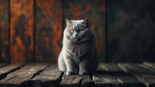 Fluffy gray cat sitting calmly on a rustic wooden table with textured backdrop featuring dark and warm hues captured in soft natural light with a focused composition emphasizing the cat's fur and