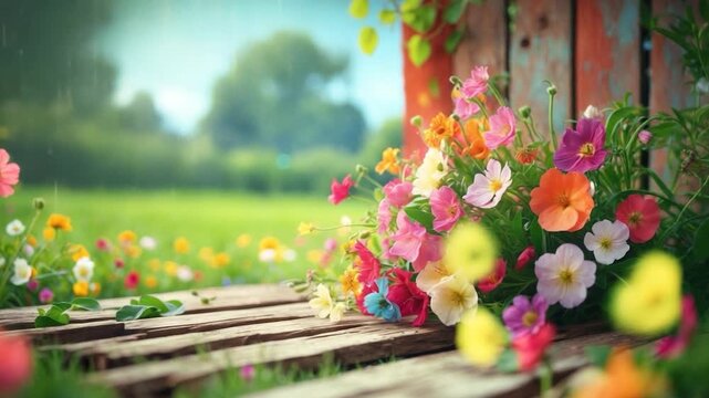Close-up of vibrant flowers in a wooden planter showcasing pink yellow and orange blossoms surrounded by lush green grass on a sunny day against a softly blurred background with a bright blue sky