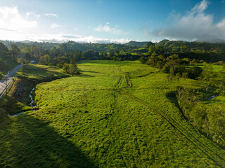 Aerial view of a beef cattle farm on sustainable mountain farm in Panama, Central America - stock photo
