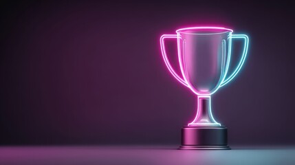 Neon trophy award on dark background, symbol of success and achievement