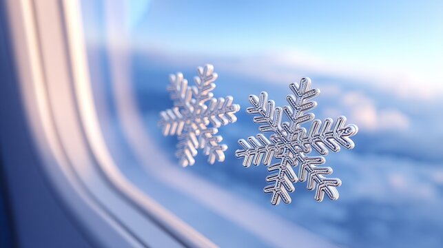 christmas space. Snowflakes on a window with a blue sky background.