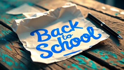 Close-up of crumpled paper note with blue lettering saying Back to School resting on a textured wooden table with a black pen nearby illuminated by soft natural light showcasing a nostalgic study