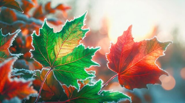 Close-up of vibrant green and red frost-covered maple leaves showcasing intricate veins and textures against a softly blurred winter background during sunset with warm light illuminating the scene