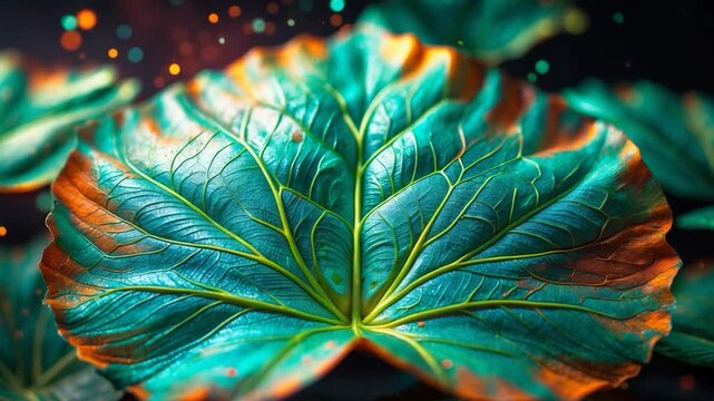 Large green tropical leaf with intricate vein patterns and burnt orange edges resting against a dark background with blurred foliage highlighted by soft glowing bokeh lights in various colors