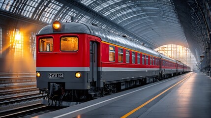 Naklejka premium Passenger train waiting on platform at railway station