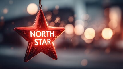 christmas space. Bright red star decoration with "NORTH STAR" text and blurred lights background.