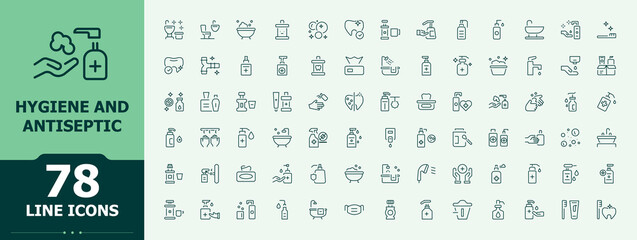 Hygiene And Antiseptic colorful vector line icon set. Contains related to medical, washing, protect, wash, disinfect, health and more. Set of line pictogram. Washing icon set. Vector illustration.
