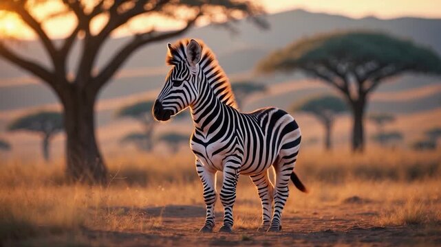 Close-up of a standing zebra displaying detailed black and white stripes in a golden grassland during sunset surrounded by distant acacia trees under warm natural light.