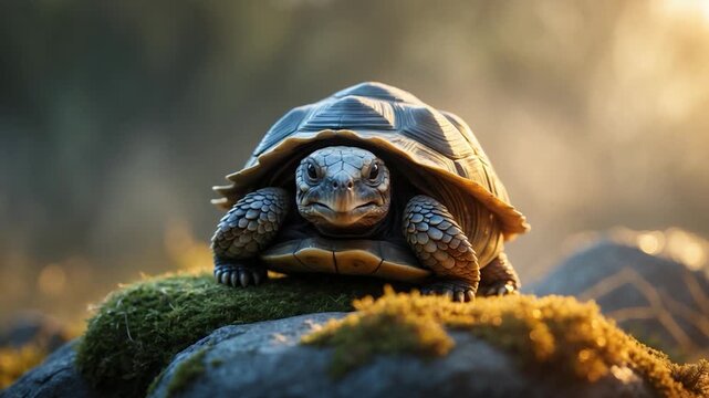 Close-up of a tortoise slowly resting on textured moss-covered rocks illuminated by soft natural light showcasing intricate shell patterns and scales in a serene outdoor environment during warm