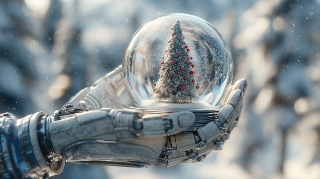 christmas space. A robotic hand holding a glass snow globe with a snowy landscape inside.
