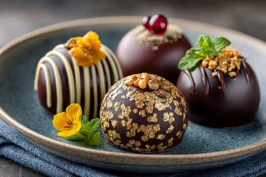 Gourmet chocolate truffles with gold leaf and toppings on plate - Powered by Adobe