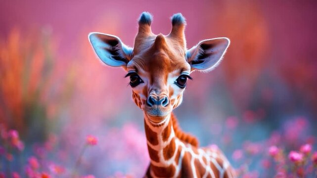 Close-up of an adorable baby giraffe standing in a vibrant field of colorful pink flowers showcasing its unique patterns and large expressive eyes surrounded by a softly blurred natural background in
