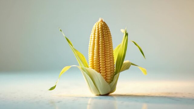 Close-up of a fresh yellow corn cob with green husks and leaves displayed against a soft light background showcasing details of kernels as the setting transitions from beginning to end