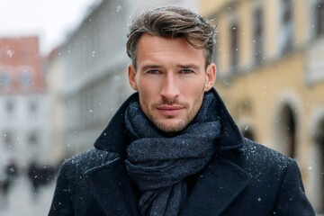 Handsome man experiencing winter snowfall in city